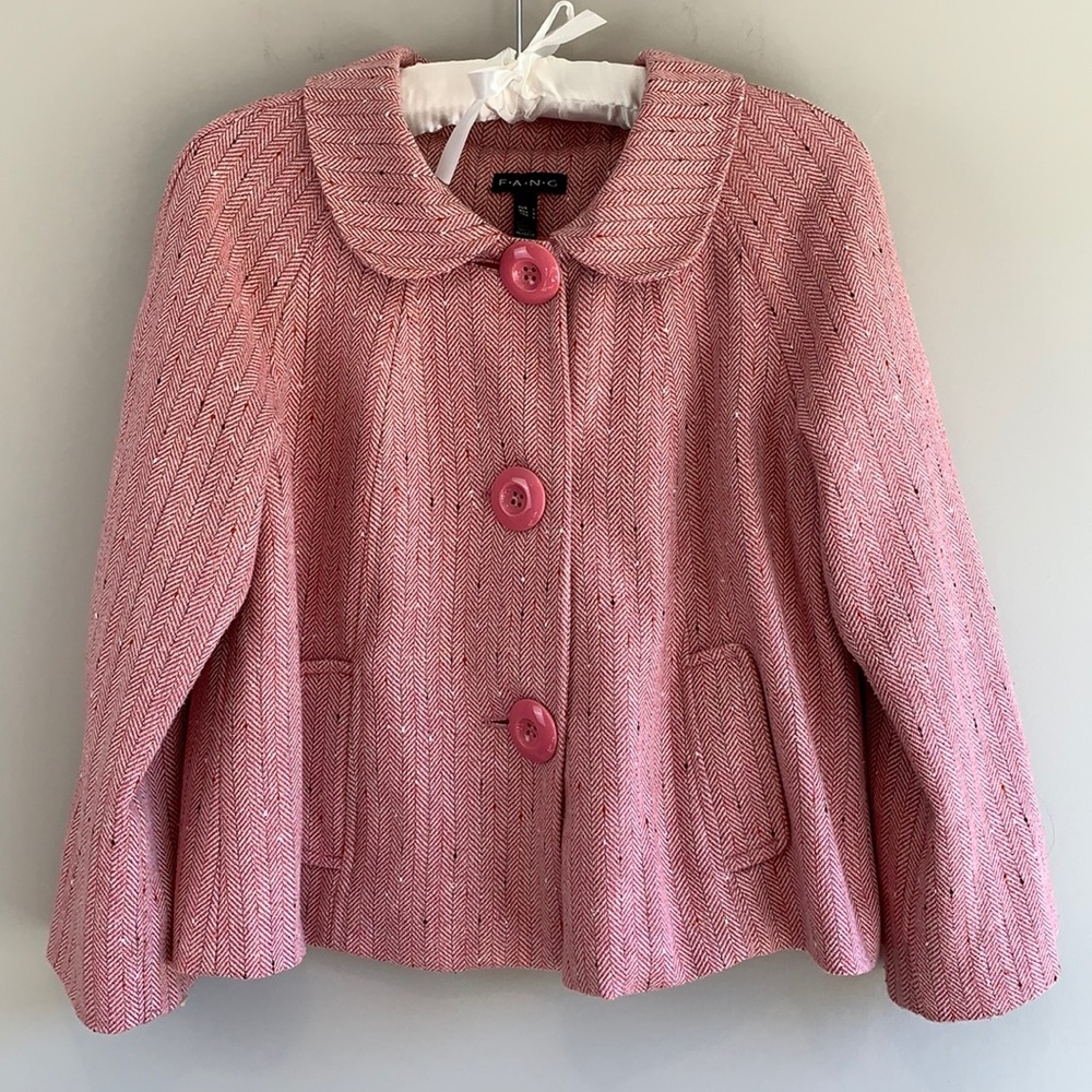 Fang cropped bolero style jacket pink herringbone fully lined poly wool size L